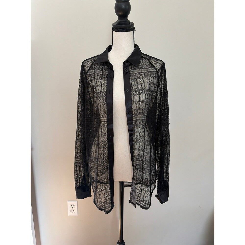 Jason Wu Black Sheer Lace Button-Down Shirt silk, small.